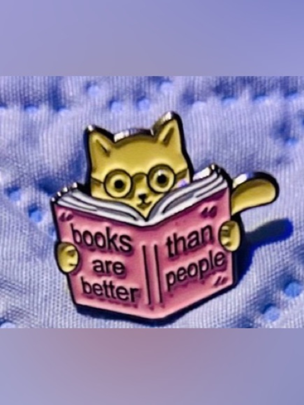 Yellow Cat Reading Enamel Pin with Pink Book - Books Are Better Than People